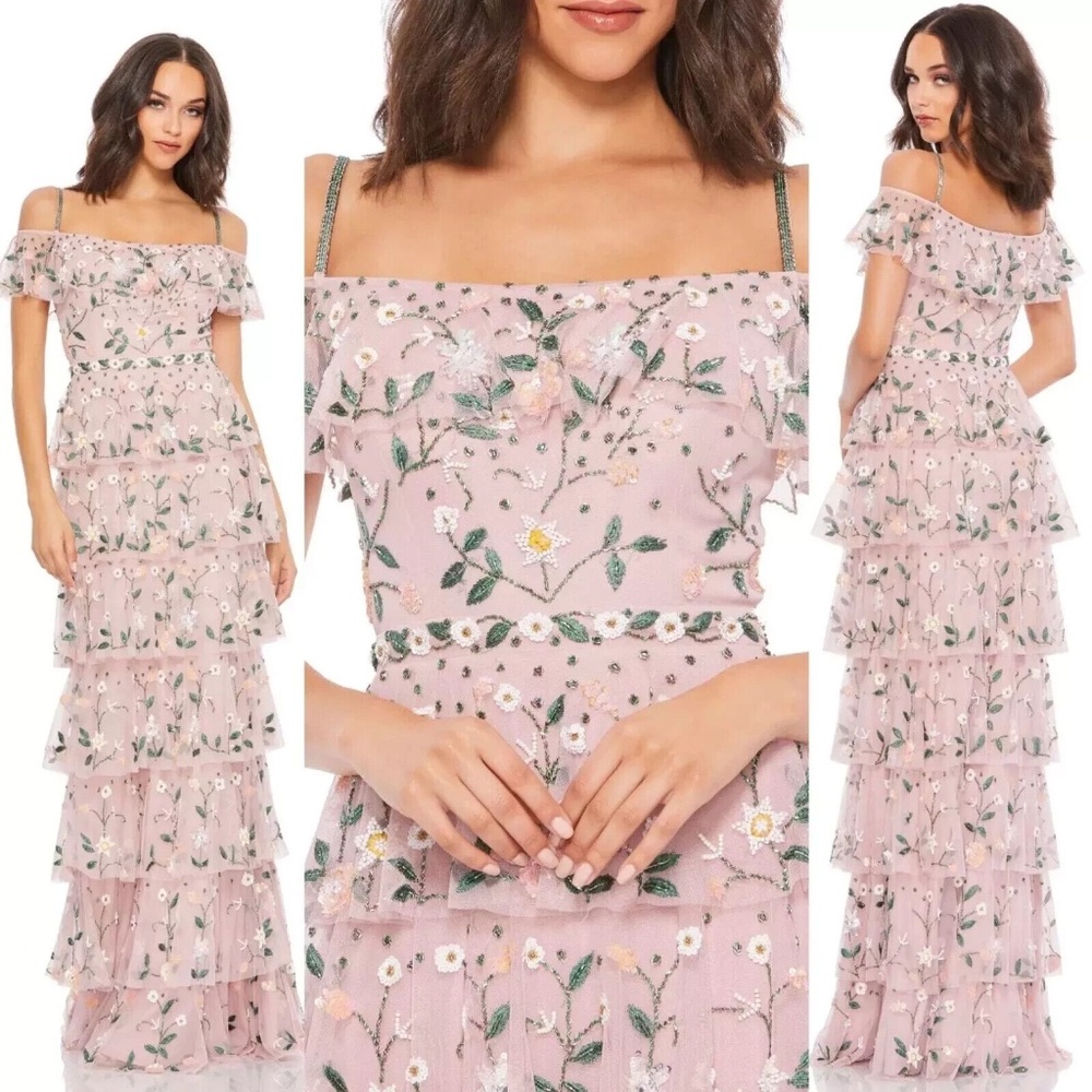 NWT Mac Duggal 9069 Pink Beaded Chiffon Ruffle Tiered Maxi Dress sz 10 reg 698